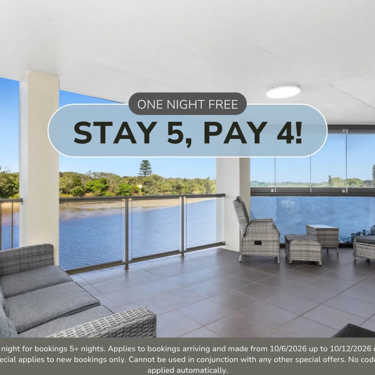Stay 5 Pay 4 for Sunset Waters Creekfront Apartment!*
